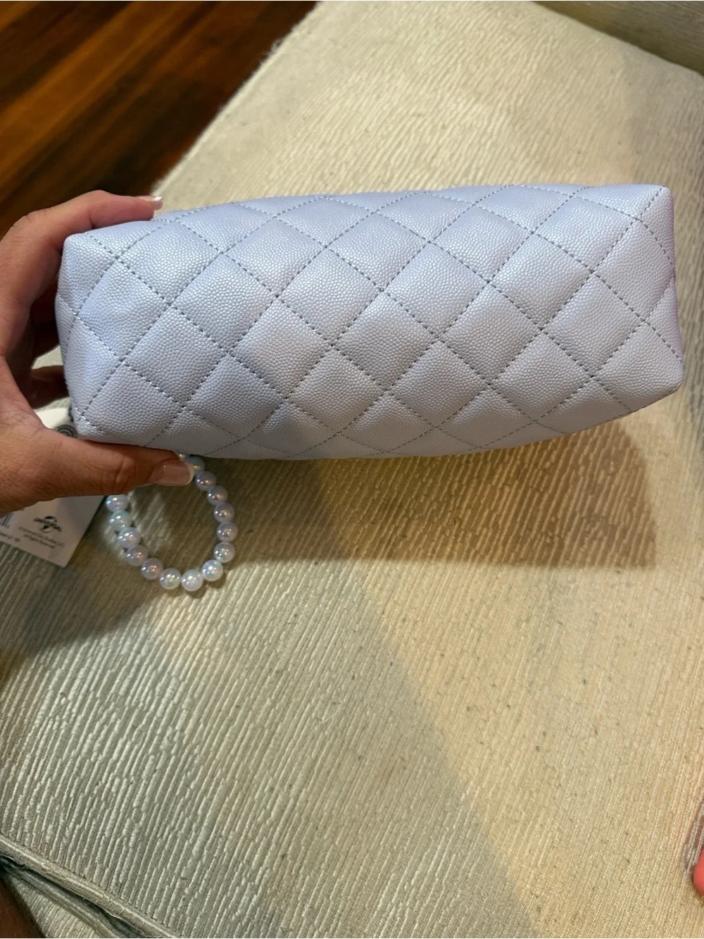 Pearl-Handle Quilted Cosmetic Pouch in Light Lavender